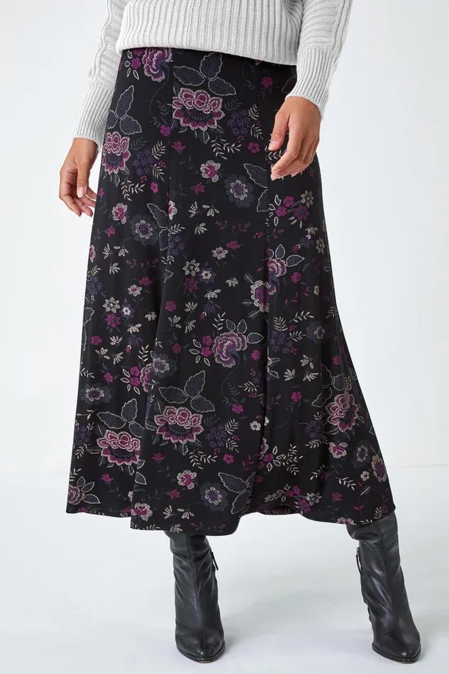 Women Black Floral Print Midi Elastic Waist Stretch Skirt Roman Skirts