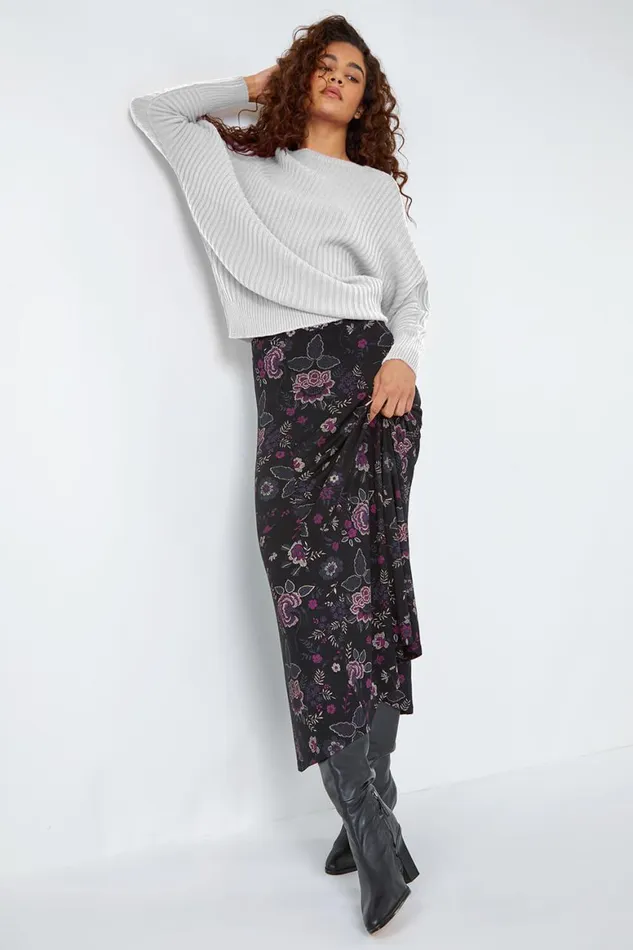 Women Black Floral Print Midi Elastic Waist Stretch Skirt Roman Skirts