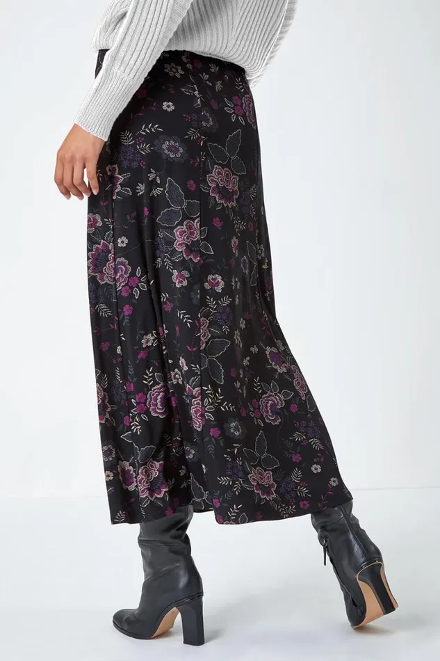 Women Black Floral Print Midi Elastic Waist Stretch Skirt Roman Skirts