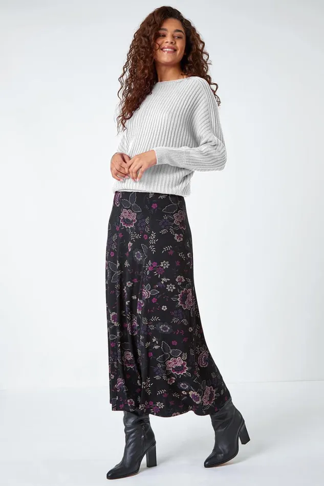 Women Black Floral Print Midi Elastic Waist Stretch Skirt Roman Skirts