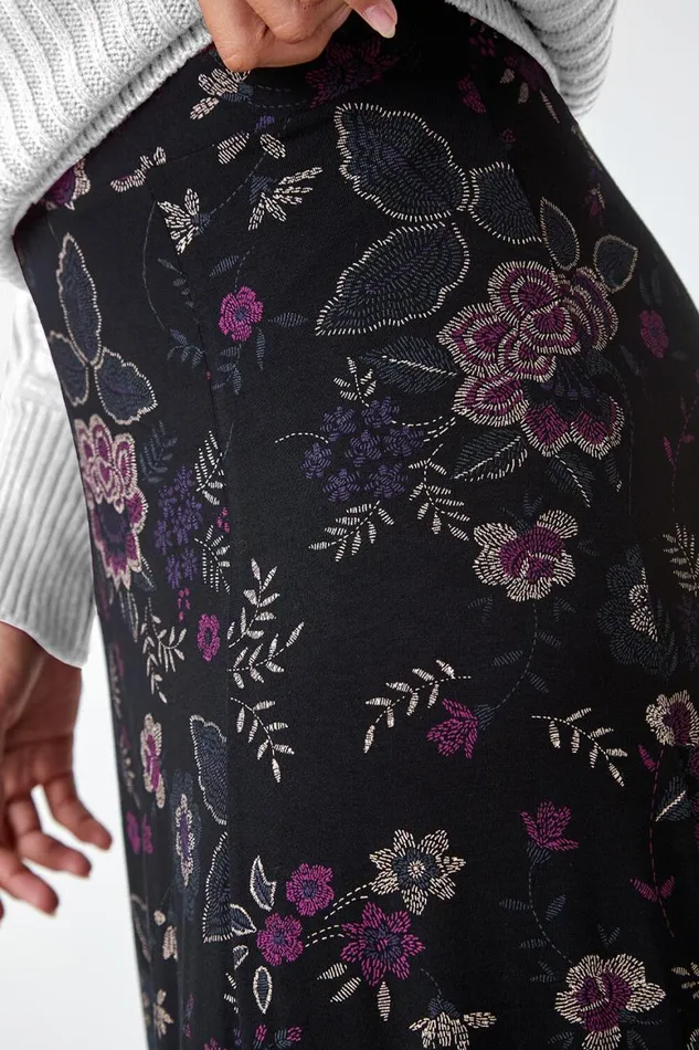 Women Black Floral Print Midi Elastic Waist Stretch Skirt Roman Skirts