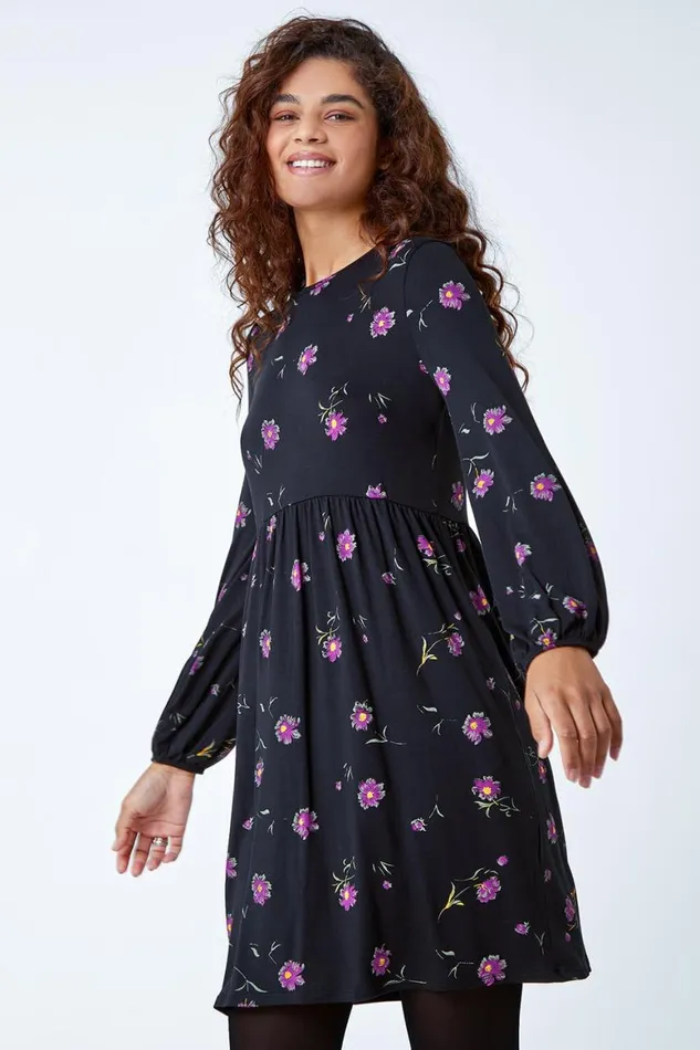 Women Black Floral Print Pocket Stretch Smock Dress Roman Dresses