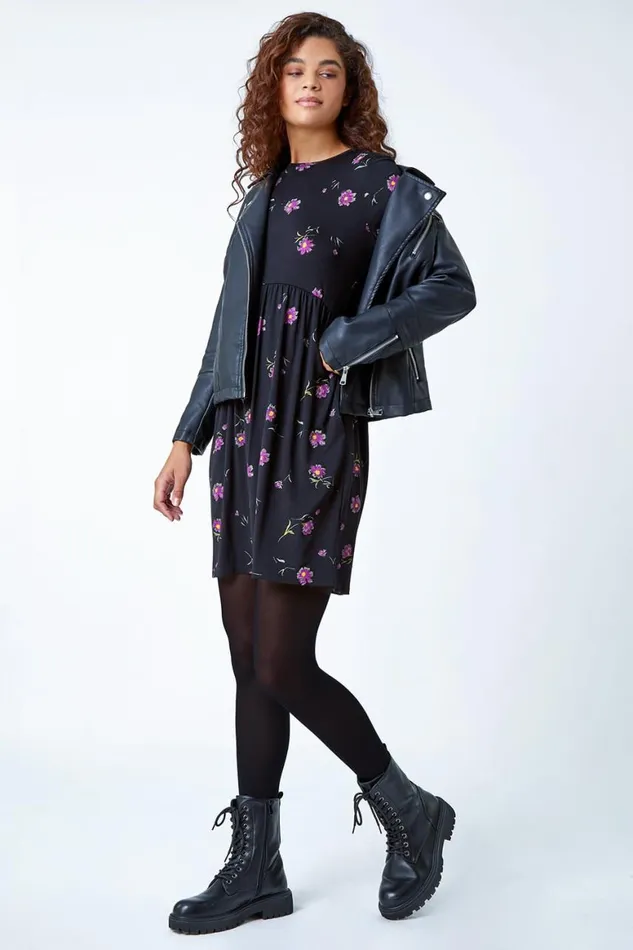 Women Black Floral Print Pocket Stretch Smock Dress Roman Dresses