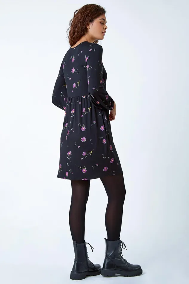Women Black Floral Print Pocket Stretch Smock Dress Roman Dresses