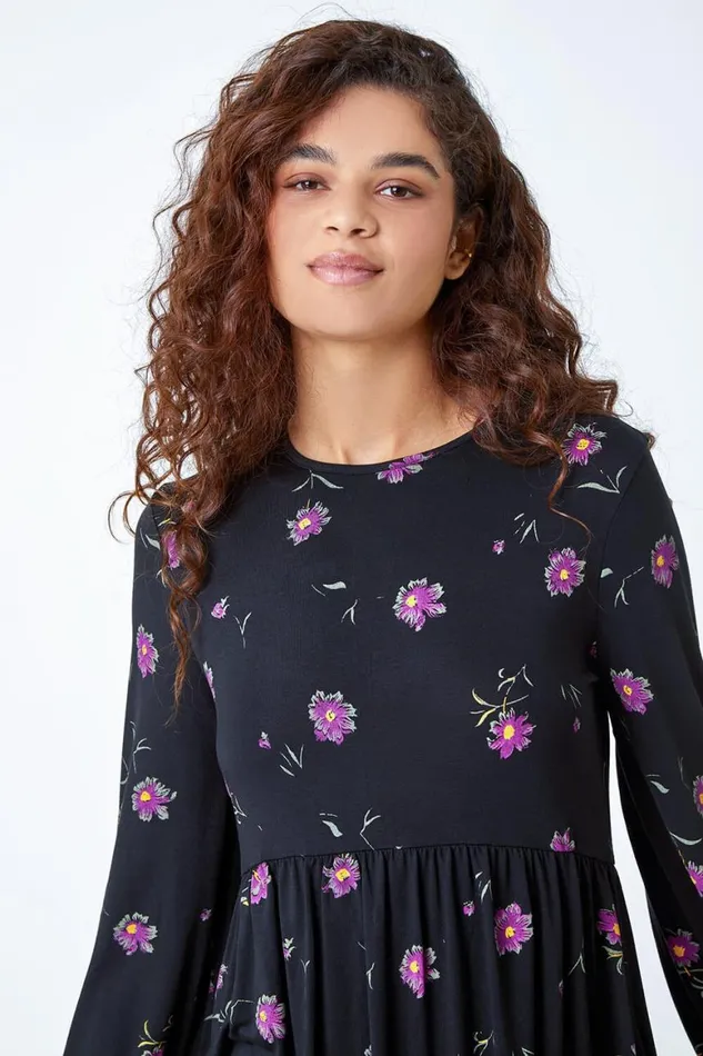 Women Black Floral Print Pocket Stretch Smock Dress Roman Dresses