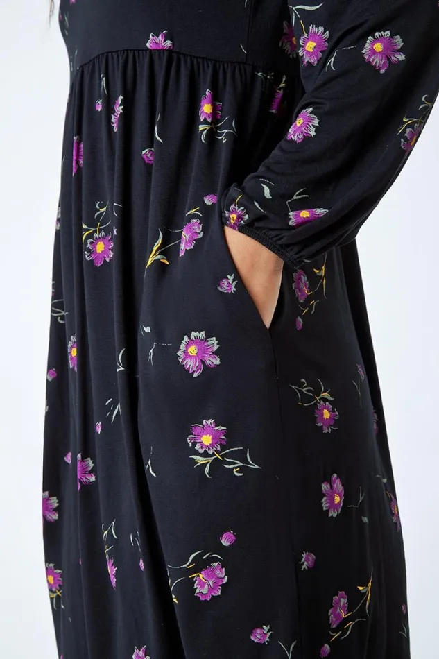 Women Black Floral Print Pocket Stretch Smock Dress Roman Dresses