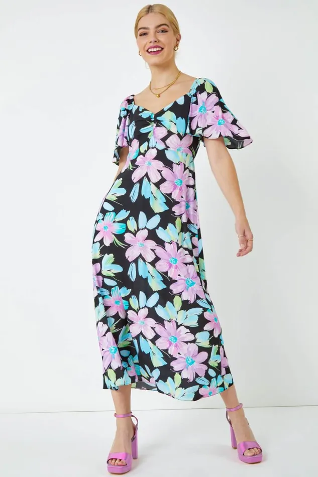 Women Black Floral Print Ruched Midi Dress Roman Dresses