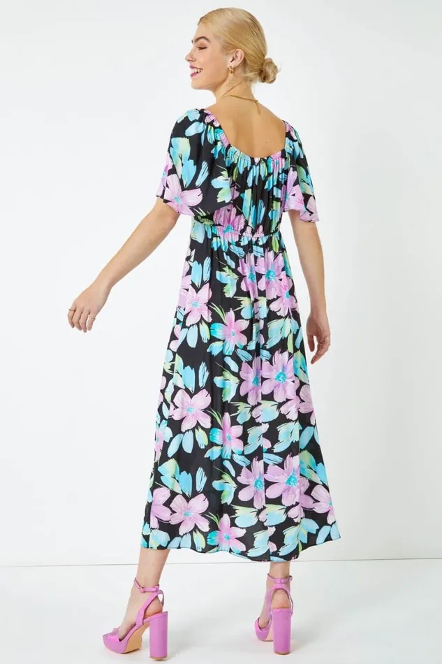 Women Black Floral Print Ruched Midi Dress Roman Dresses
