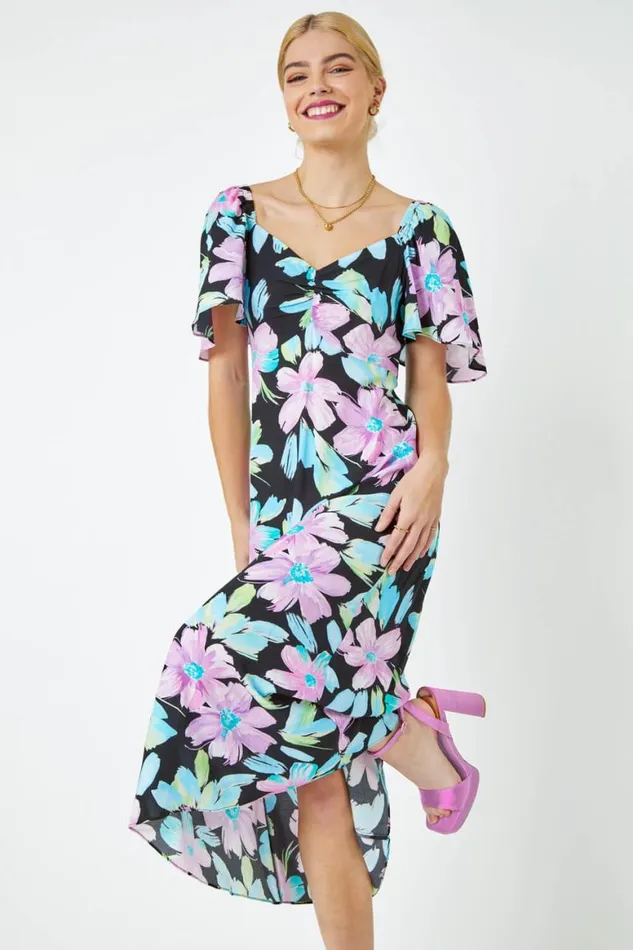 Women Black Floral Print Ruched Midi Dress Roman Dresses