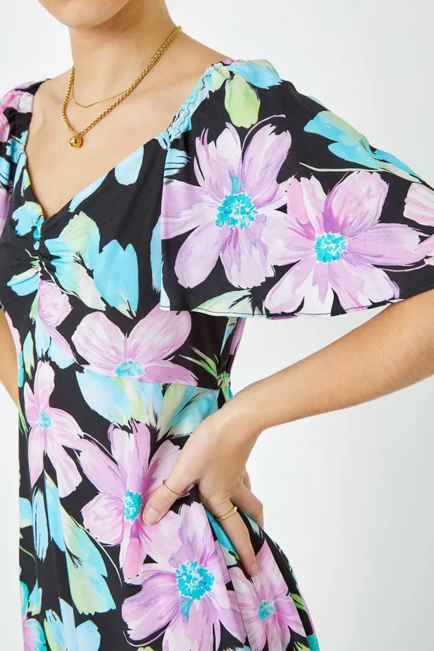 Women Black Floral Print Ruched Midi Dress Roman Dresses