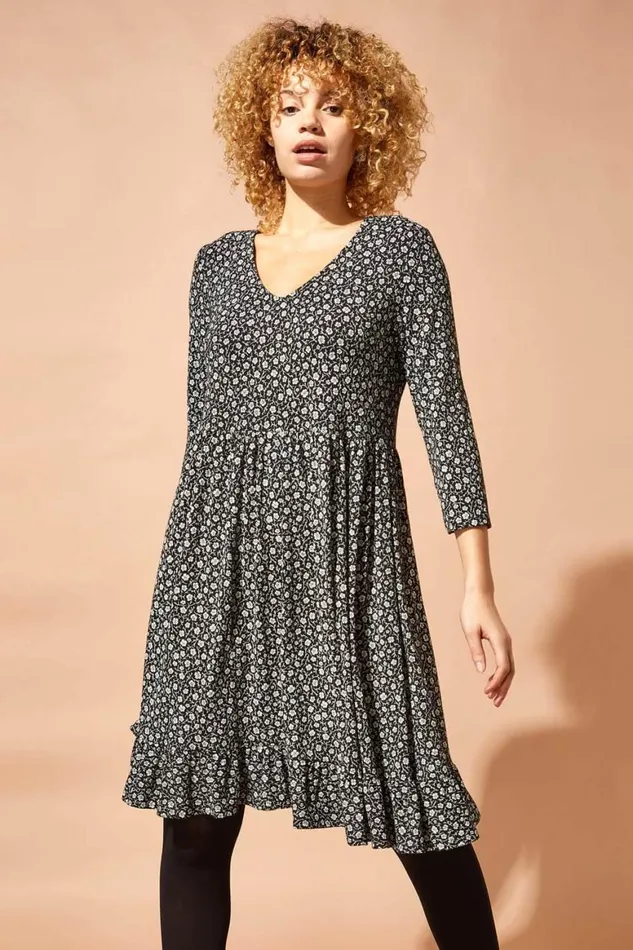 Women Black Floral Print Smock Dress Roman Dresses