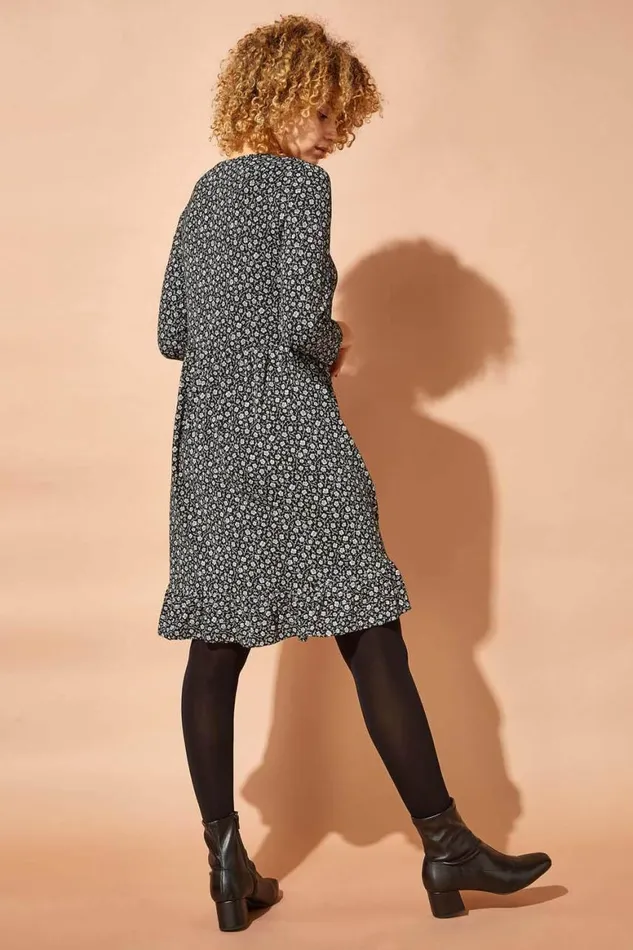 Women Black Floral Print Smock Dress Roman Dresses