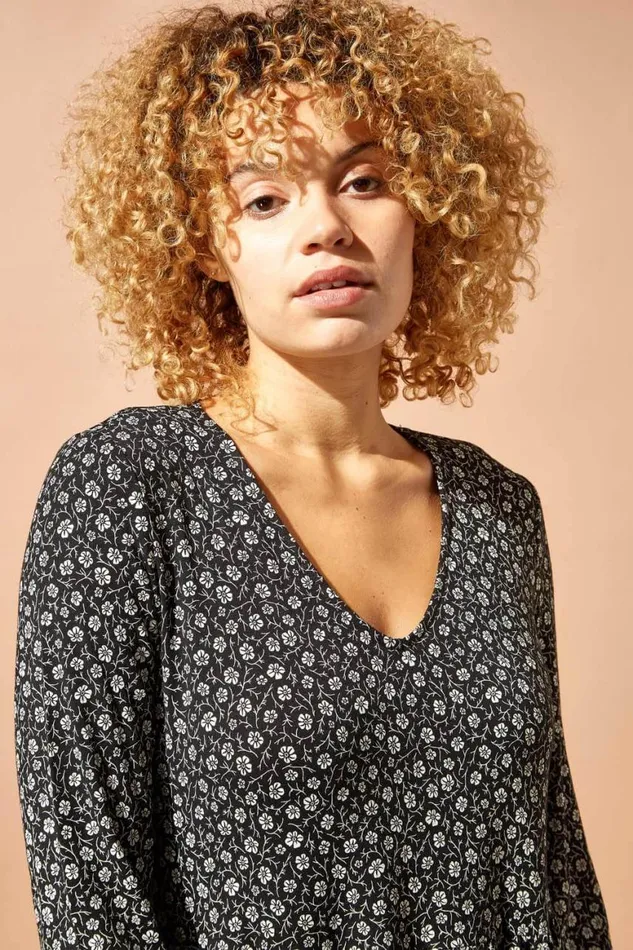 Women Black Floral Print Smock Dress Roman Dresses