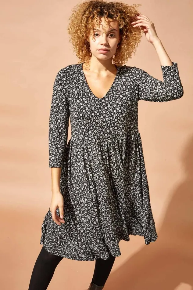 Women Black Floral Print Smock Dress Roman Dresses