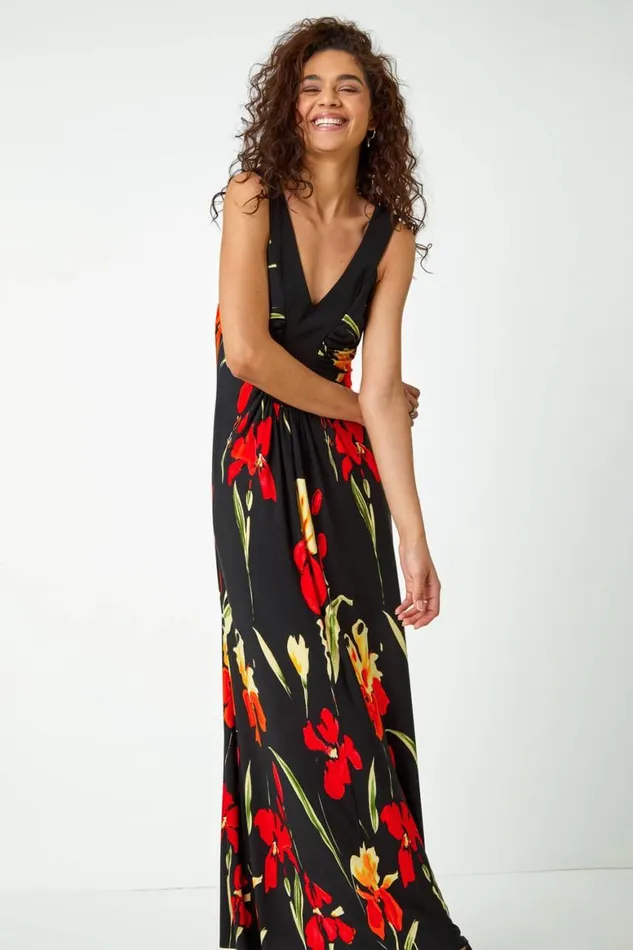 Women Black Floral Stretch Jersey Maxi Dress Roman Dresses