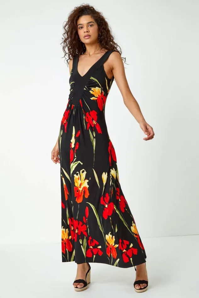 Women Black Floral Stretch Jersey Maxi Dress Roman Dresses