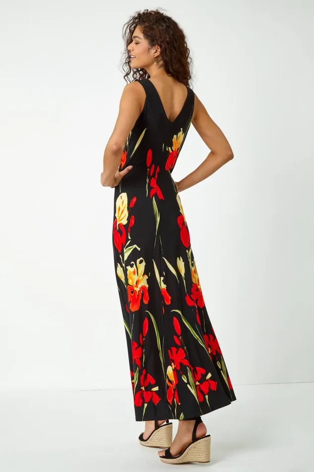Women Black Floral Stretch Jersey Maxi Dress Roman Dresses