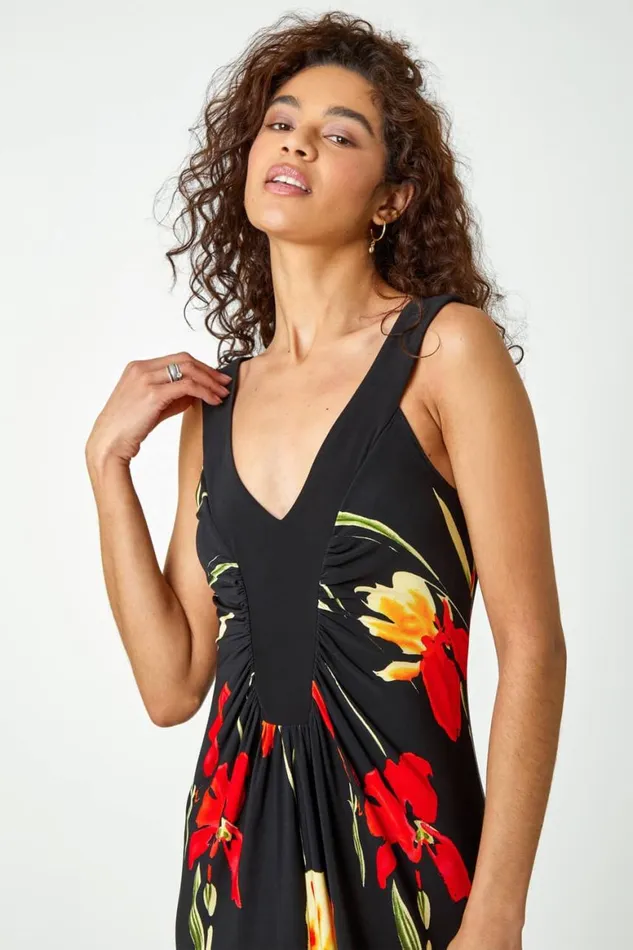 Women Black Floral Stretch Jersey Maxi Dress Roman Dresses