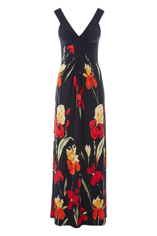 Women Black Floral Stretch Jersey Maxi Dress Roman Dresses