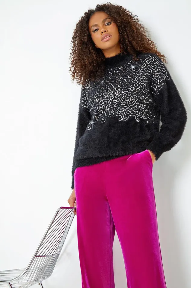 Women Black Fluffy Sequin Embellished Jumper Roman Knitwear