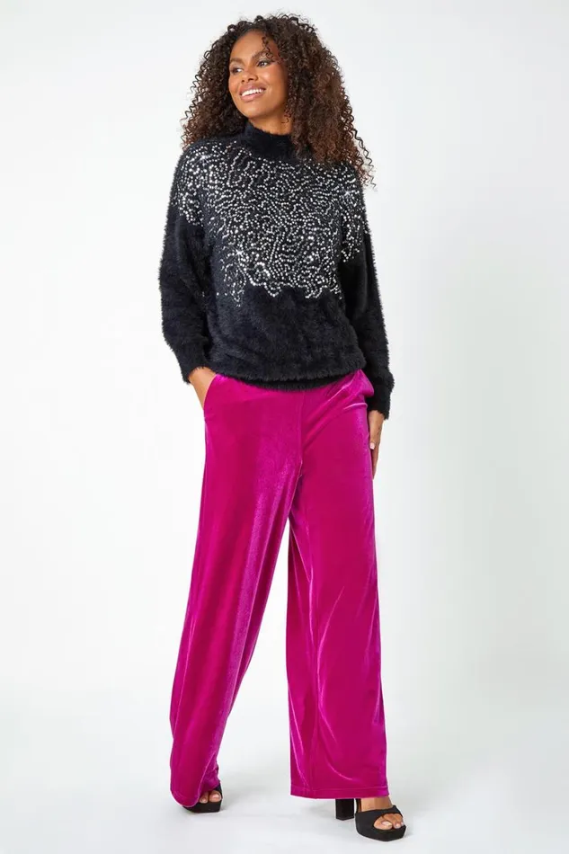 Women Black Fluffy Sequin Embellished Jumper Roman Knitwear