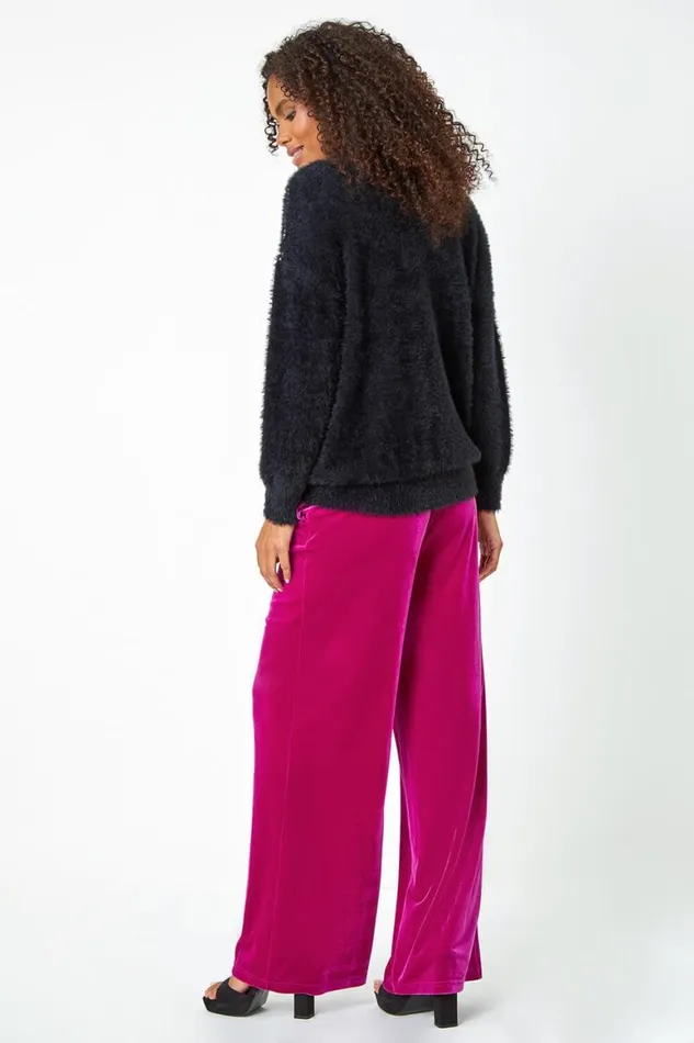 Women Black Fluffy Sequin Embellished Jumper Roman Knitwear