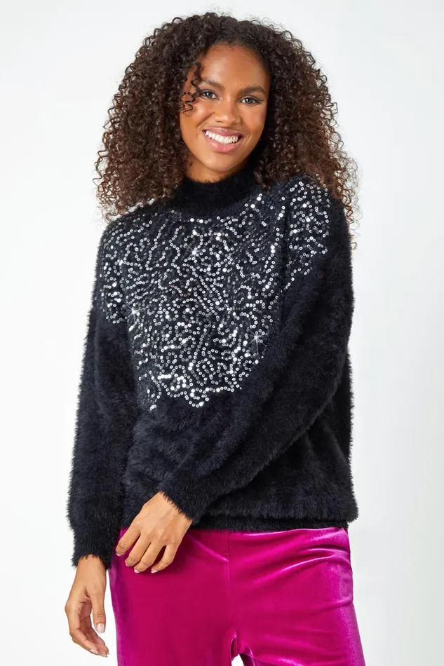Women Black Fluffy Sequin Embellished Jumper Roman Knitwear