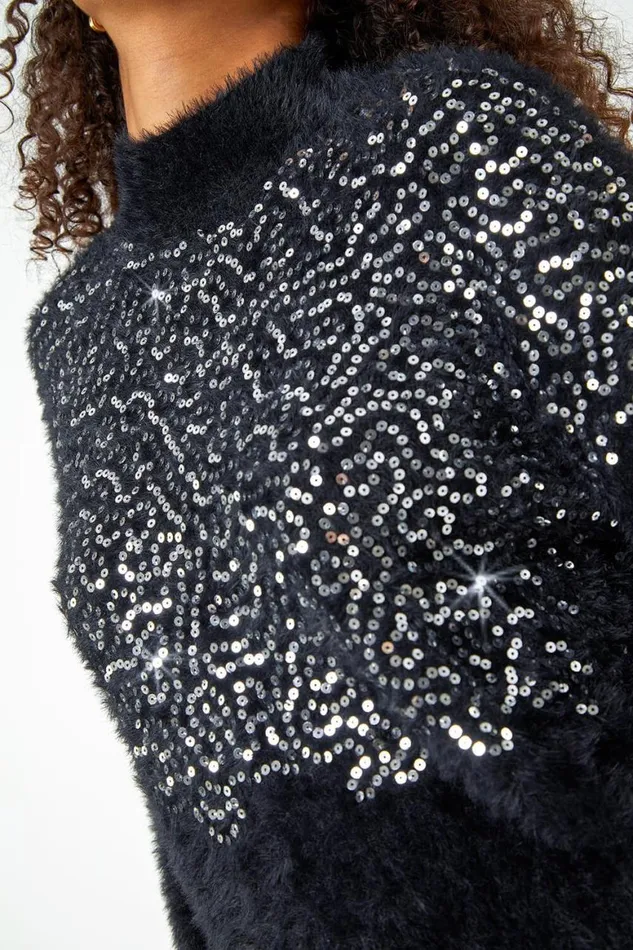 Women Black Fluffy Sequin Embellished Jumper Roman Knitwear