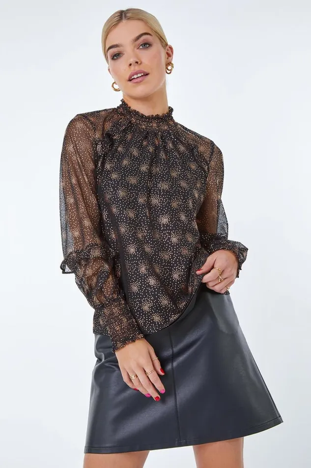 Women Black Foil Star Print Frill Detail Chiffon Top Roman Tops