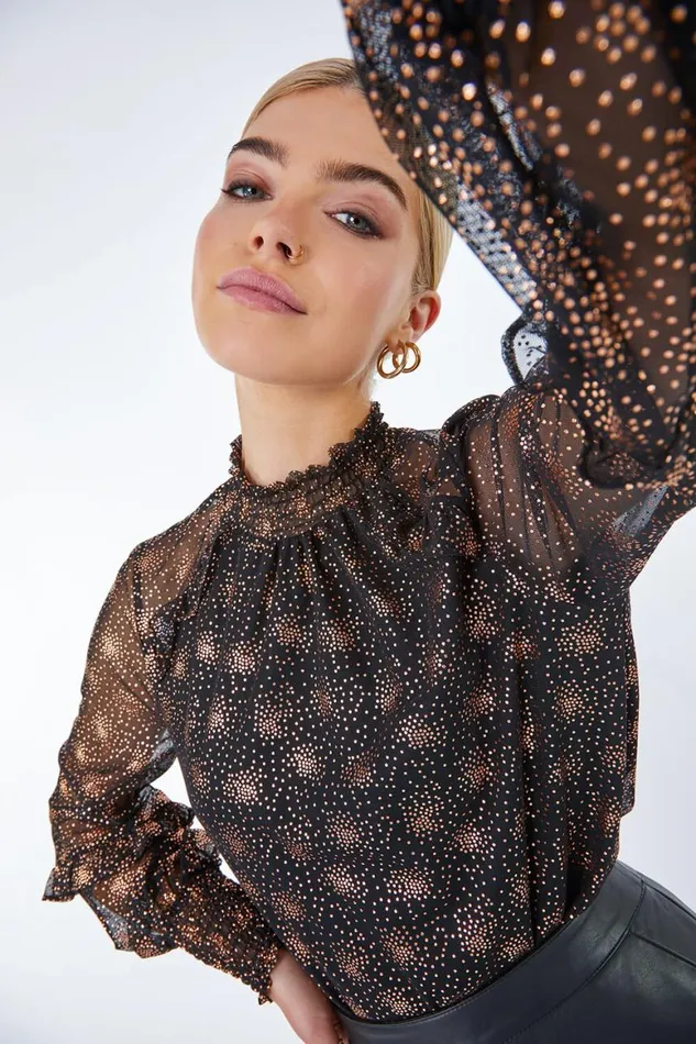 Women Black Foil Star Print Frill Detail Chiffon Top Roman Tops