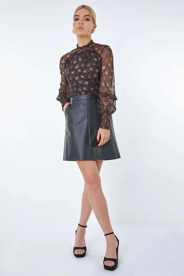 Women Black Foil Star Print Frill Detail Chiffon Top Roman Tops