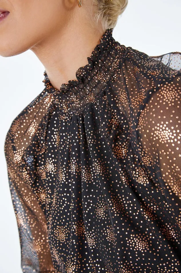 Women Black Foil Star Print Frill Detail Chiffon Top Roman Tops