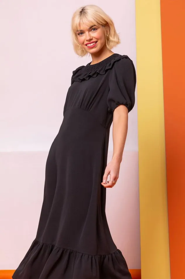Women Black Frill Collar Detail Midi Dress Roman Dresses