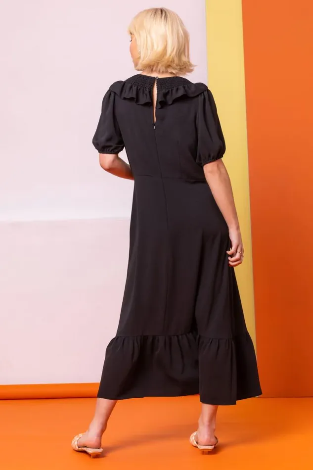 Women Black Frill Collar Detail Midi Dress Roman Dresses
