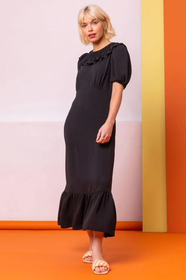 Women Black Frill Collar Detail Midi Dress Roman Dresses