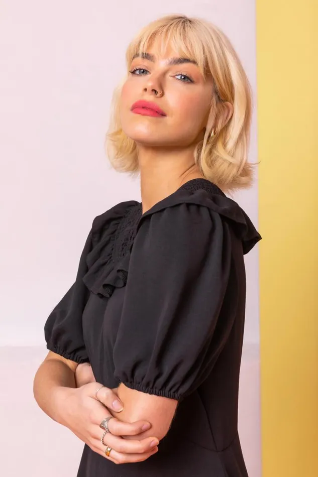 Women Black Frill Collar Detail Midi Dress Roman Dresses