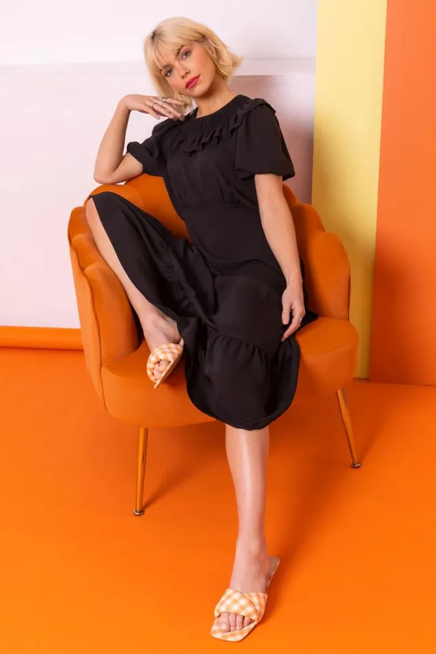 Women Black Frill Collar Detail Midi Dress Roman Dresses