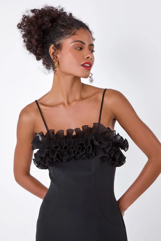 Women Black Frill Detail Stretch Dress Roman Dresses