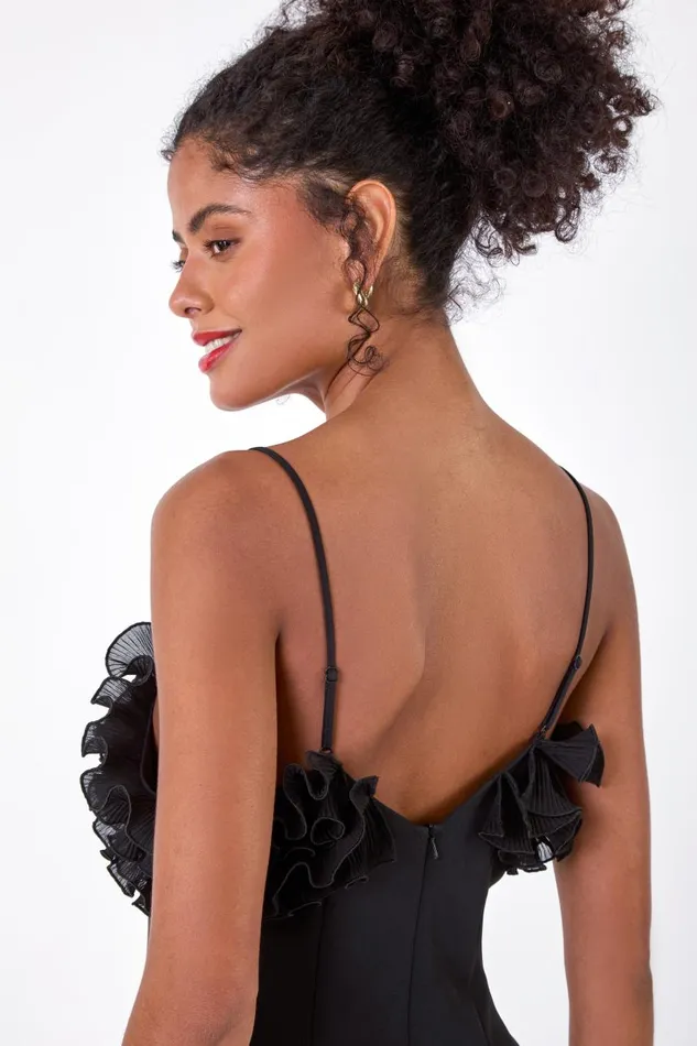 Women Black Frill Detail Stretch Dress Roman Dresses