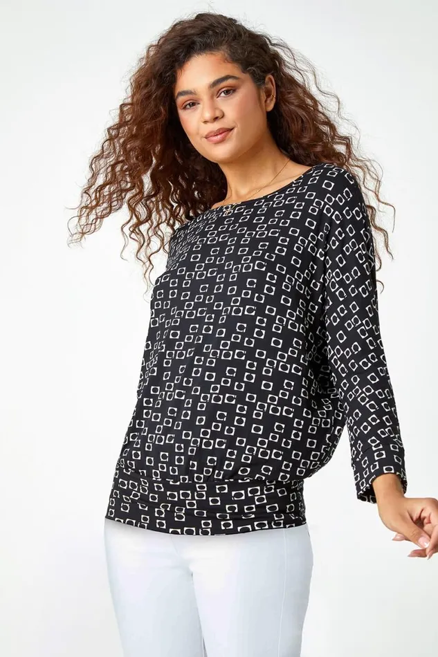 Women Black Geometric Print Blouson Stretch Top Roman Tops