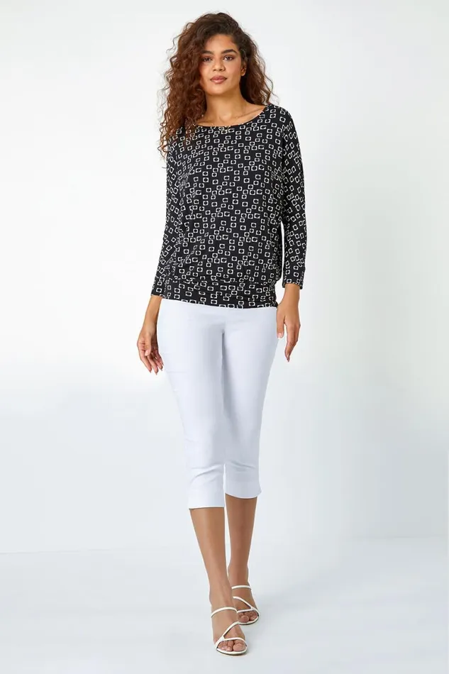Women Black Geometric Print Blouson Stretch Top Roman Tops