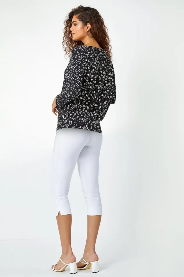 Women Black Geometric Print Blouson Stretch Top Roman Tops