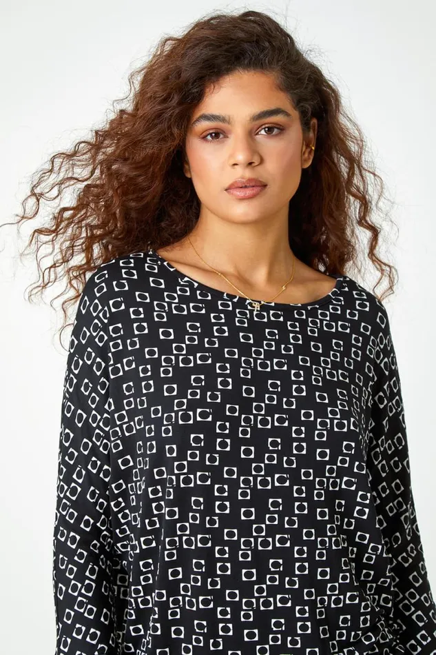 Women Black Geometric Print Blouson Stretch Top Roman Tops