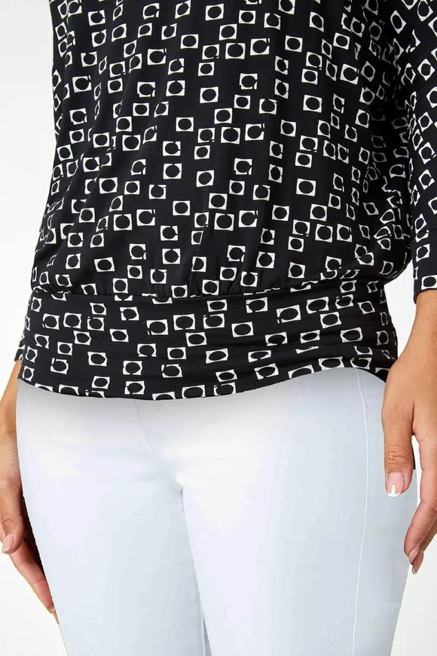 Women Black Geometric Print Blouson Stretch Top Roman Tops