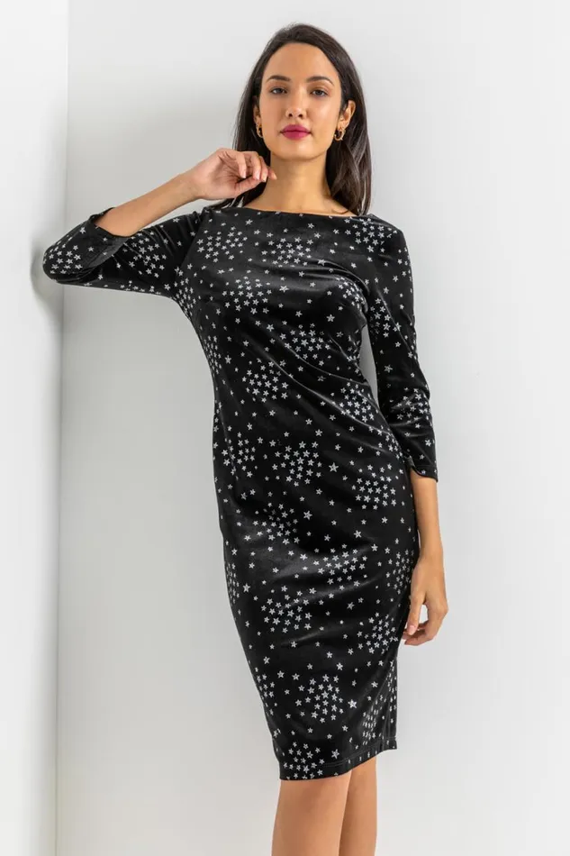 Women Black Glitter Star Print Velvet Dress Roman Dresses