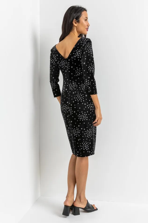 Women Black Glitter Star Print Velvet Dress Roman Dresses