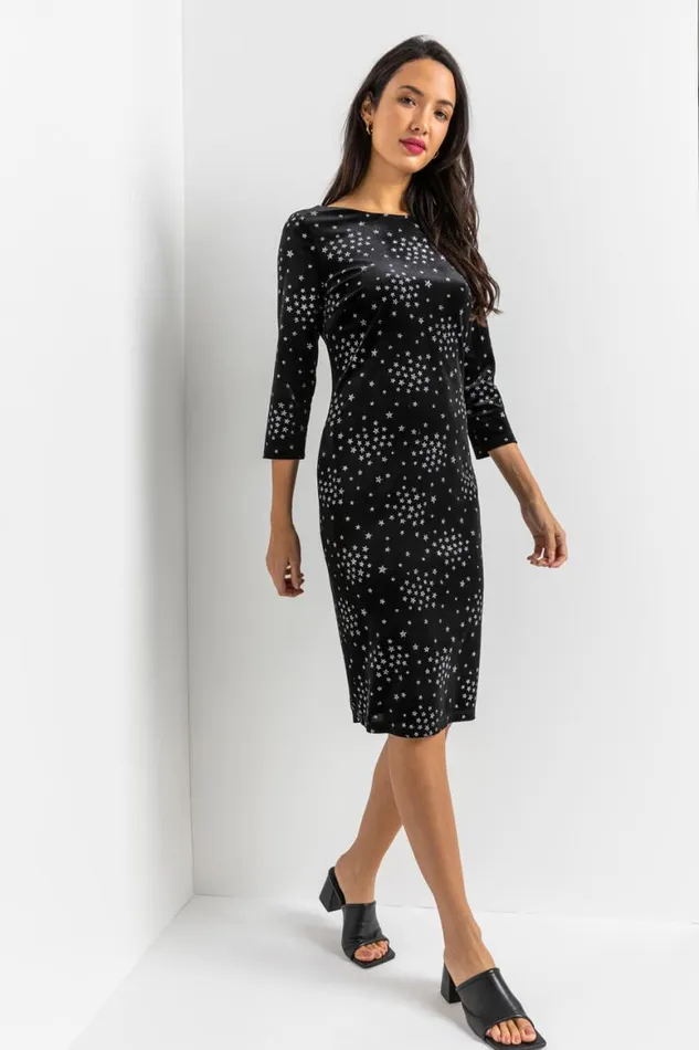 Women Black Glitter Star Print Velvet Dress Roman Dresses