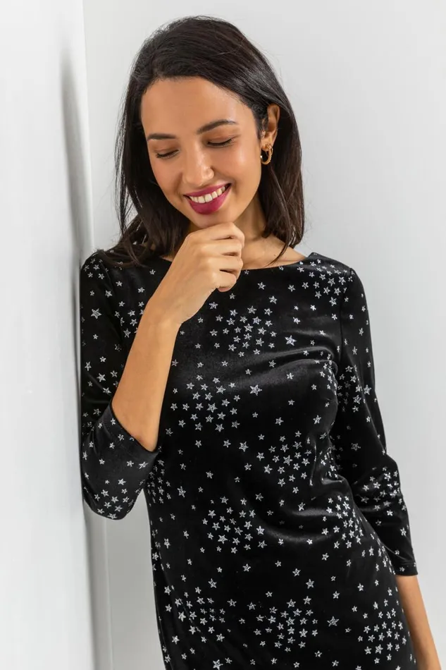 Women Black Glitter Star Print Velvet Dress Roman Dresses