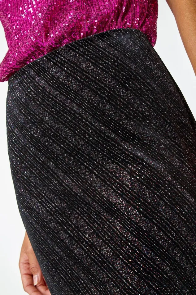 Women Black Glitter Velvet Elastic Waist Stretch Skirt Roman Occasionwear