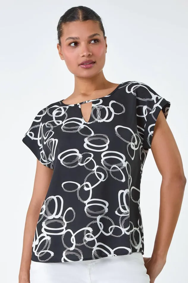 Women Black Keyhole Detail Abstract Print Top Roman Tops